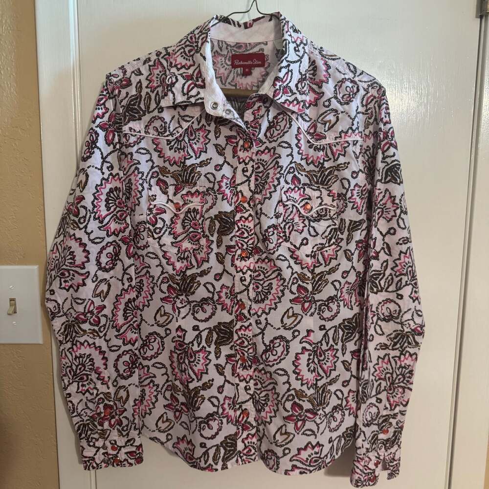 Panhandle Slim Women’s Medium Western Pearl Snap Paisley Floral Cotton Shirt M - Picture 2 of 12